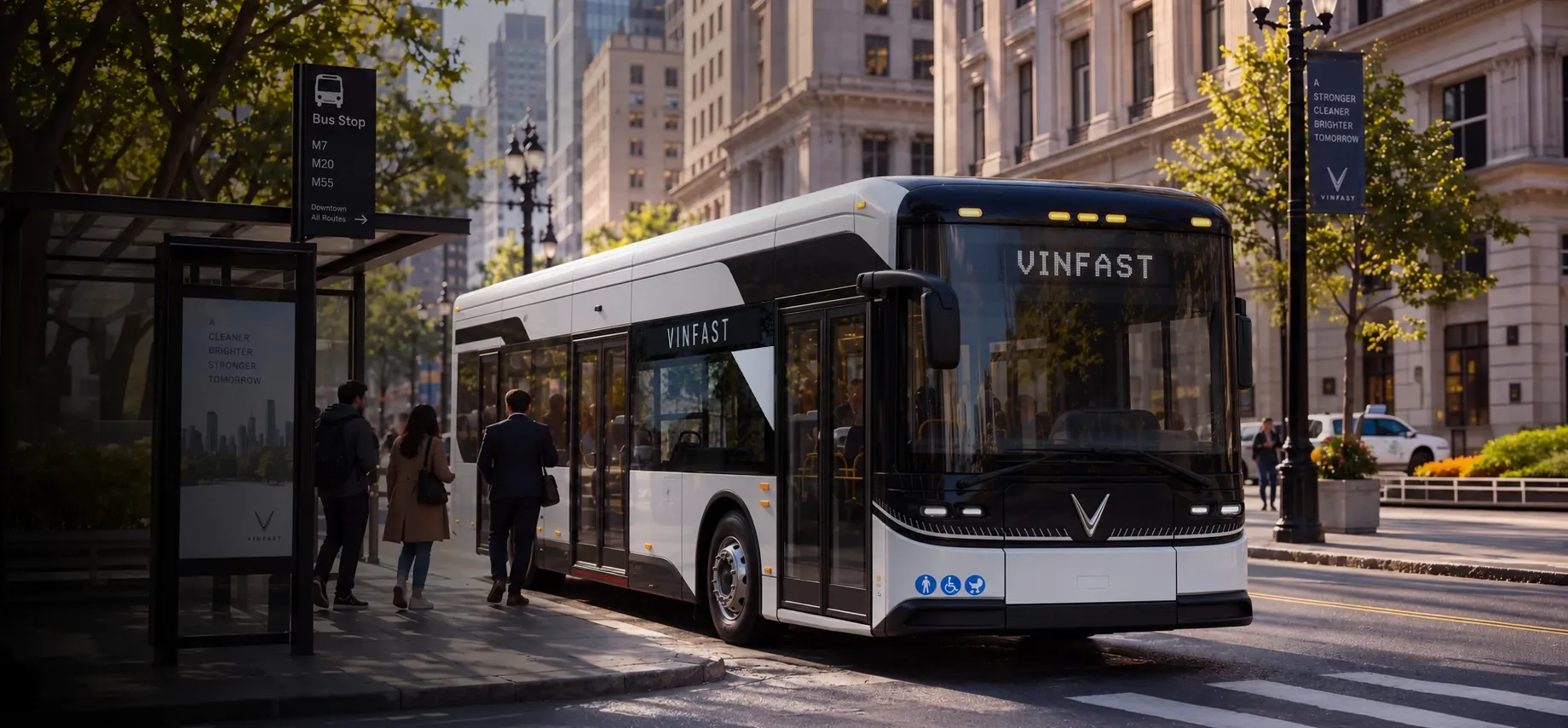 VinFast EB12 electric bus at a city bus stop