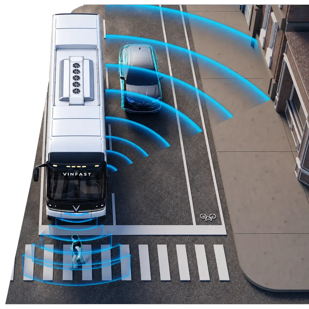 Top view of a VinFast eBus with radar and camera sensing zones